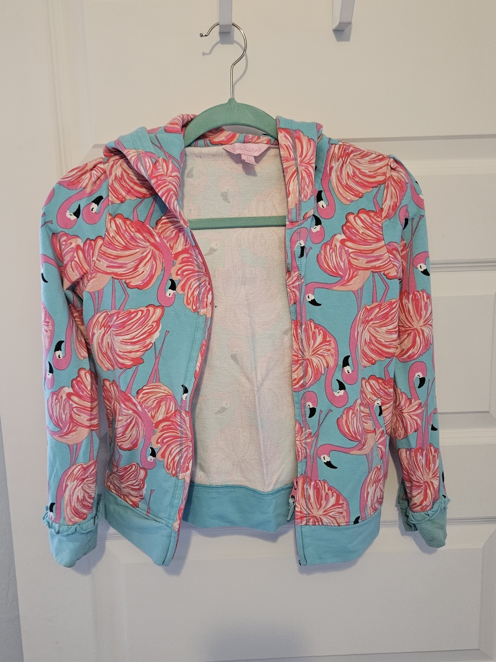 Lilly Pulitzer Girls Flamingo Print Hooded Puffer - Pink & Aqua